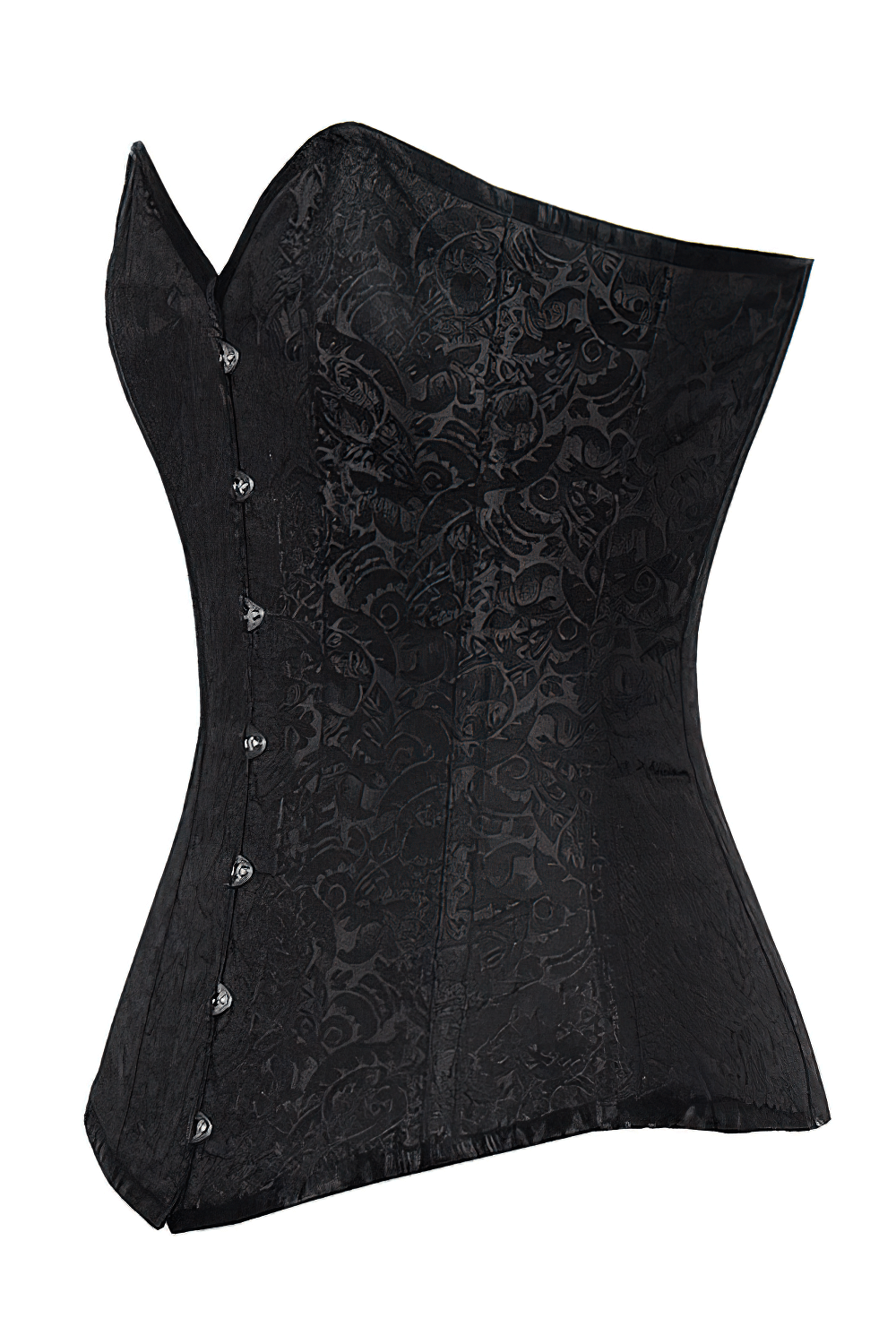 Elegant black gothic overbust corset with brocade pattern for waist training and shaping.