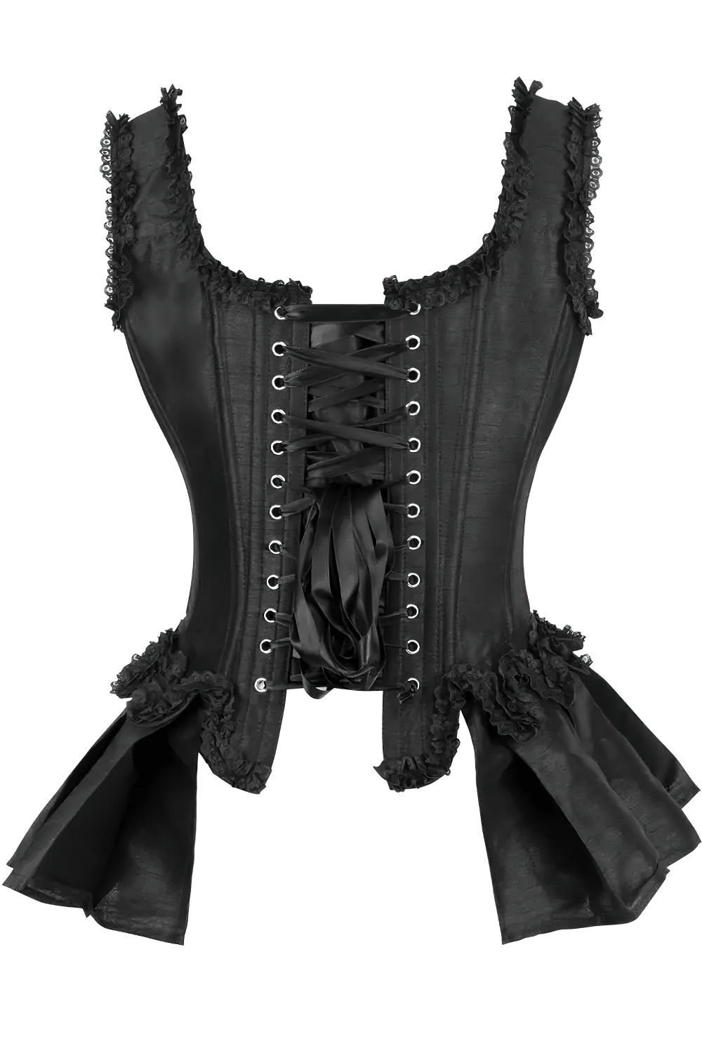 Black Gothic Overbust Corset Top With Ruffle Straps and Bows featuring a laced front and frilled trim.