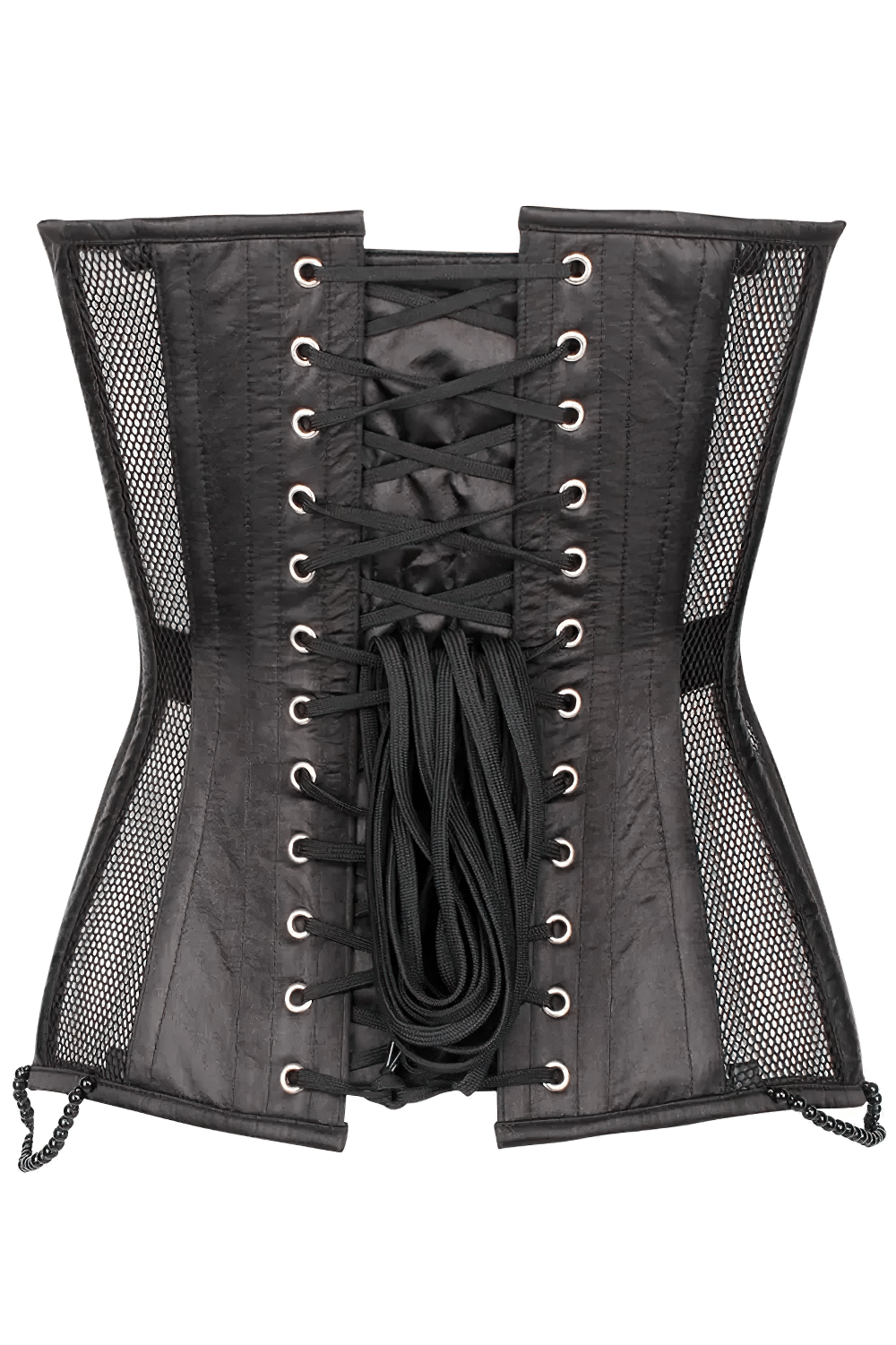 Black Gothic Overbust Corset Waist Shaper Statement with lace-up back detail and mesh panels.