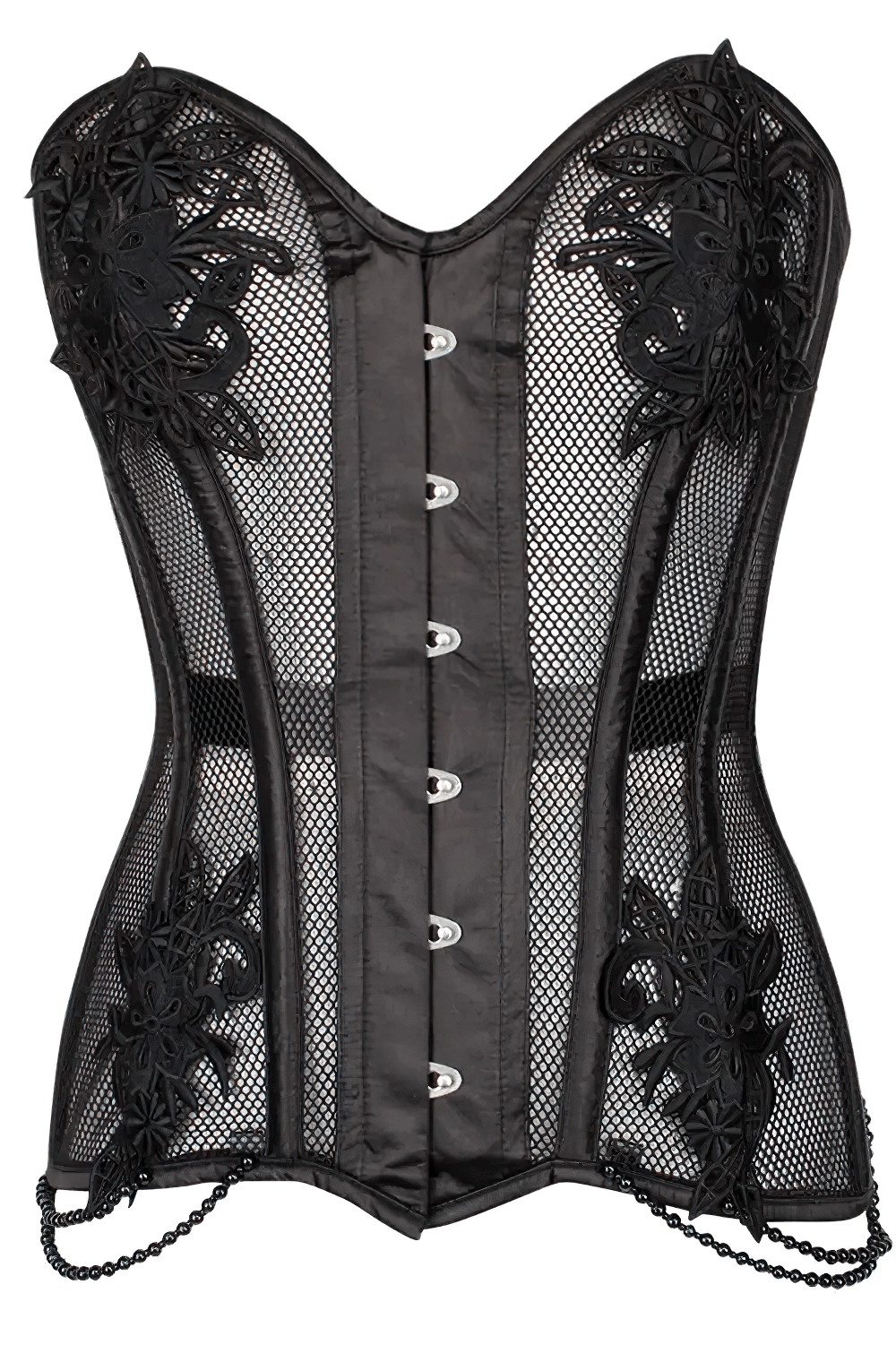 Black Gothic Overbust Corset Waist Shaper Statement featuring floral lace appliqué and chain hem detail.