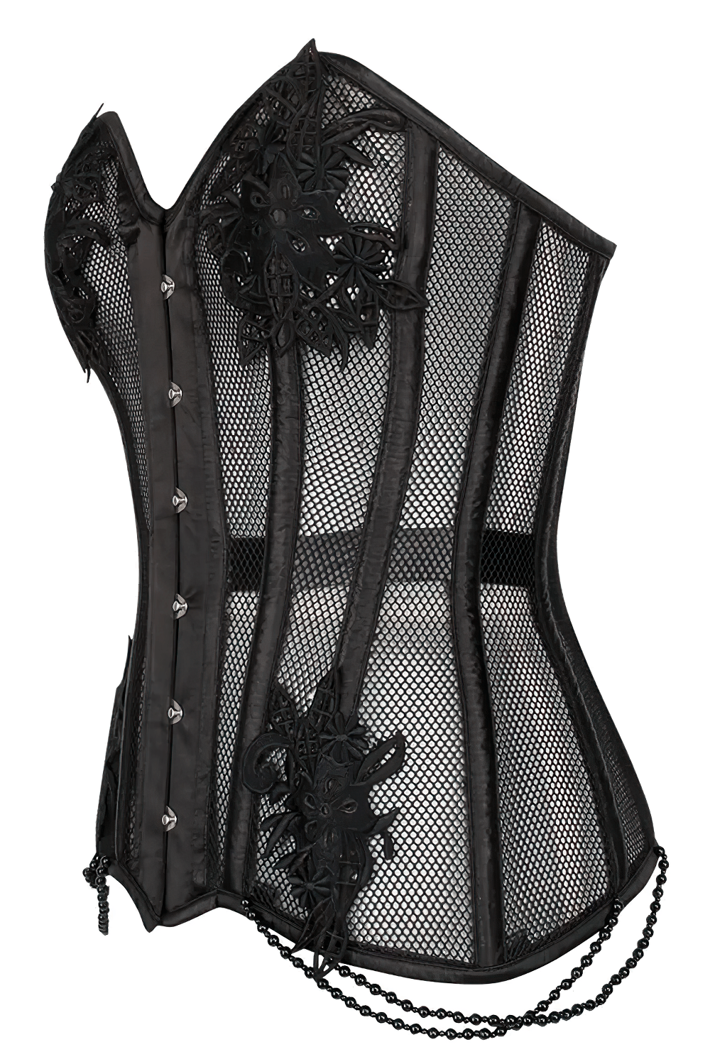 Black Gothic Overbust Corset Waist Shaper Statement with floral lace and chain hem detail.