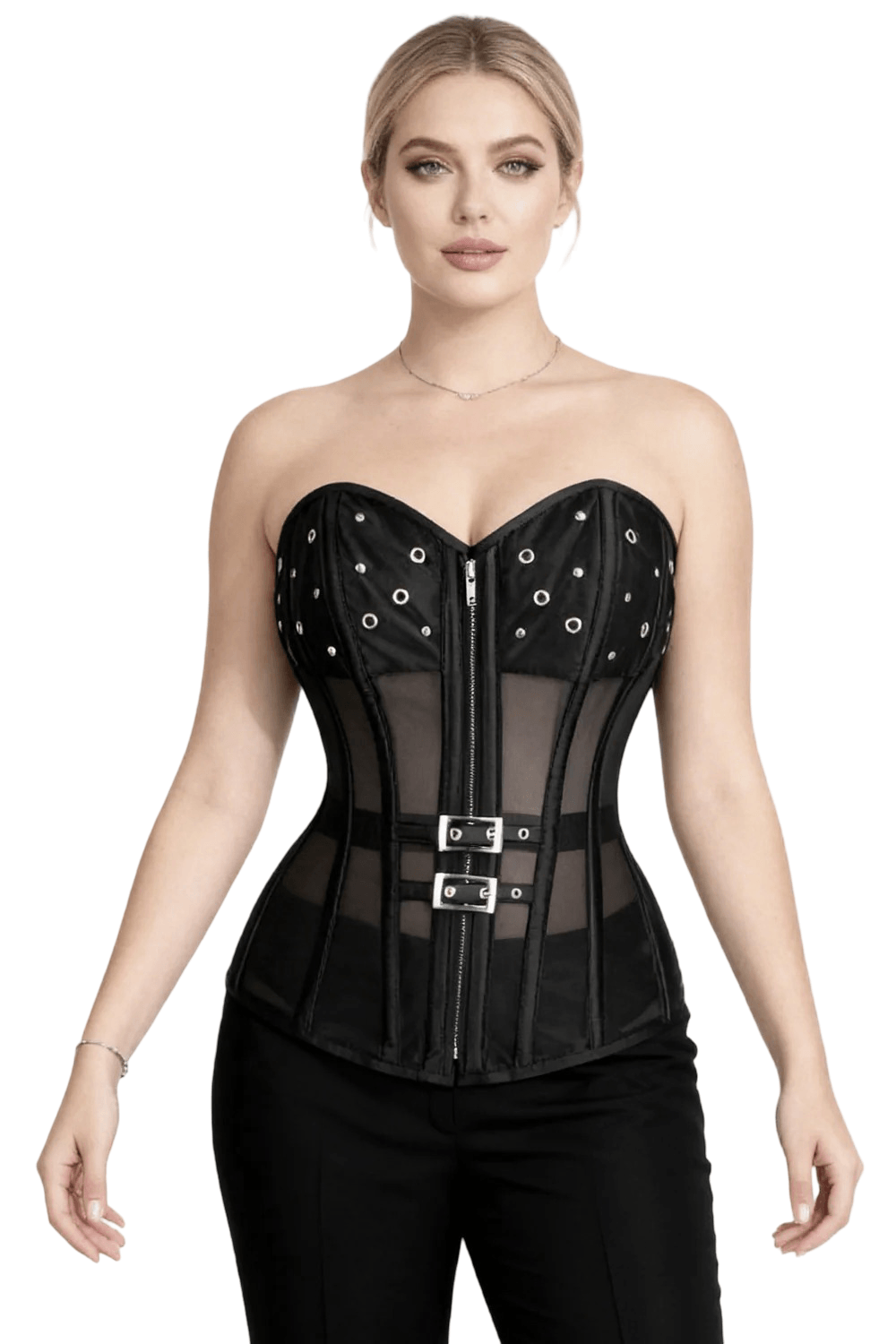 Black Gothic Overbust Corset with Buckles and Sheer Overlays worn by model, showcasing its zipper and buckle accents.