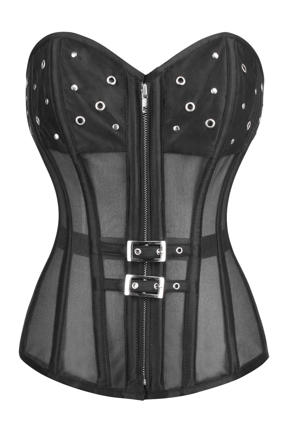 Black Gothic Overbust Corset with Buckles and Sheer Overlays featuring a sweetheart neckline and front zipper.