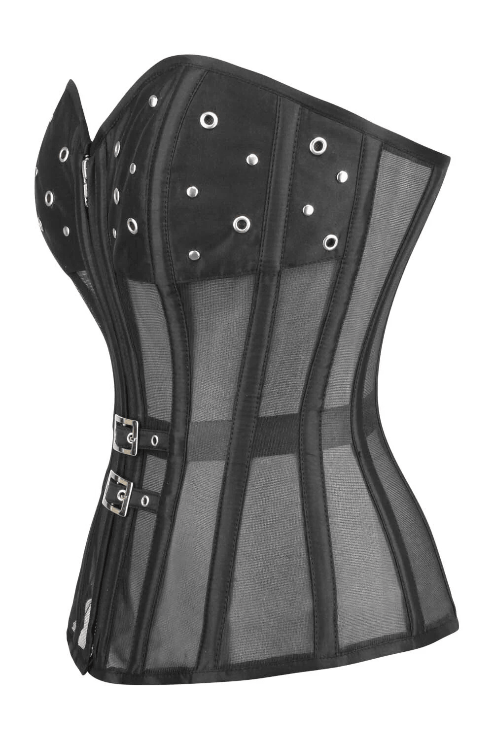 Black Gothic Overbust Corset with Buckles and Sheer Overlays showcasing a sculpted silhouette and stylish buckle accents.