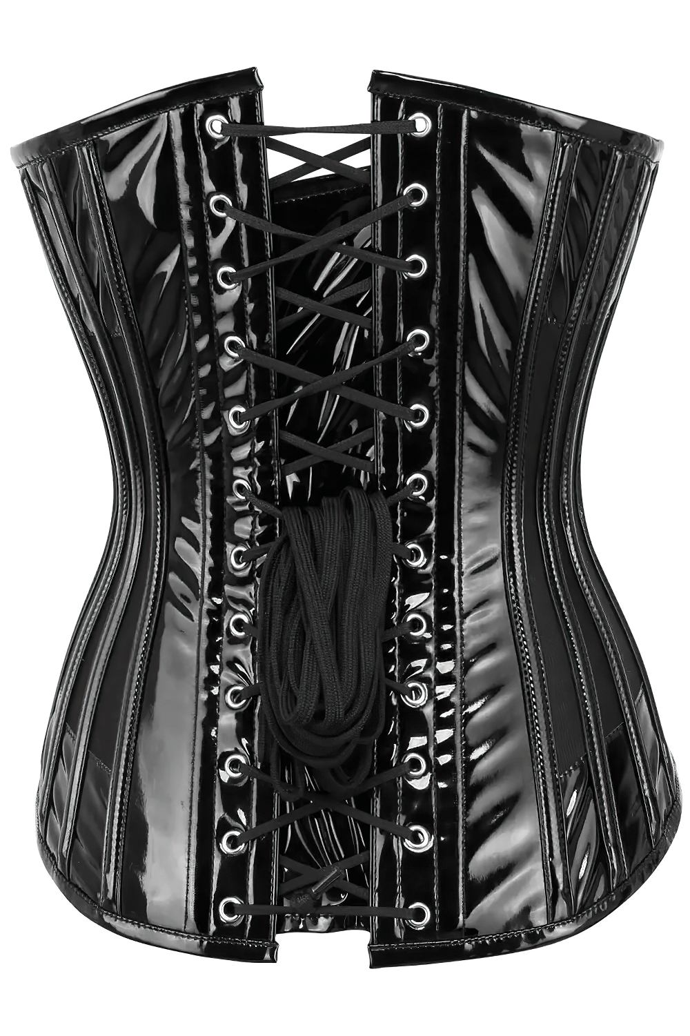 Black Gothic Overbust Corset With Curved Shaping Front Hooks with glossy front and back lacing detail.