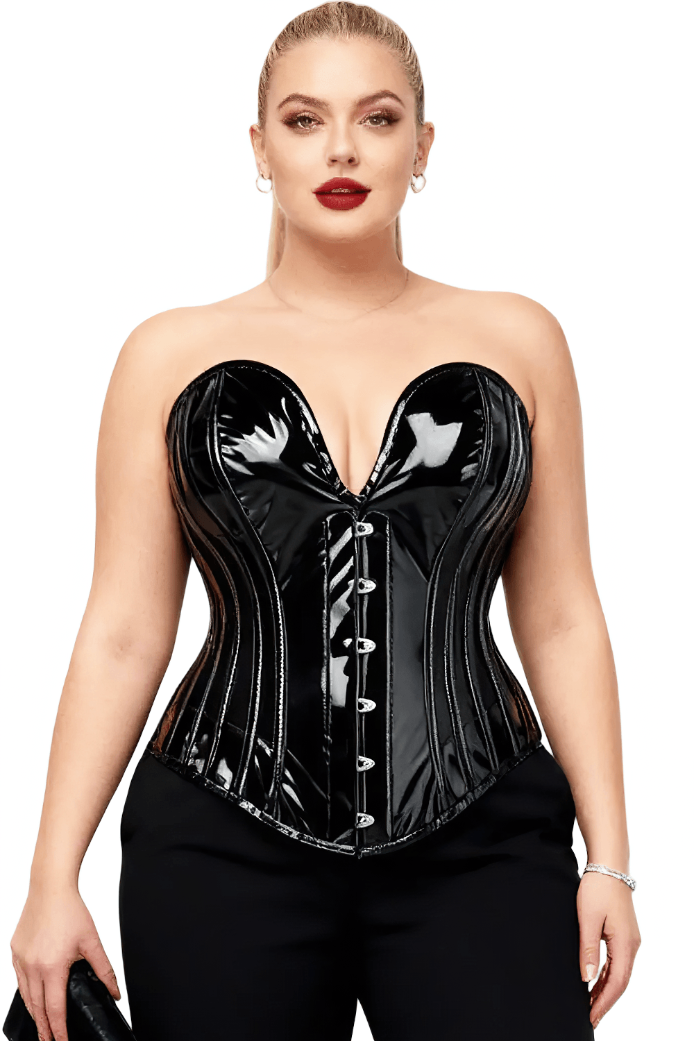Black Gothic Overbust Corset With Curved Shaping Front Hooks on model showcasing glossy finish and plunging bustline.