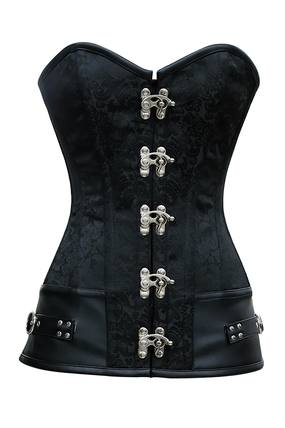Alt Tag: Black Gothic Overbust Corset with Ornate Clasps and Trim, black brocade steampunk overbust with silver clasps, buckle sides