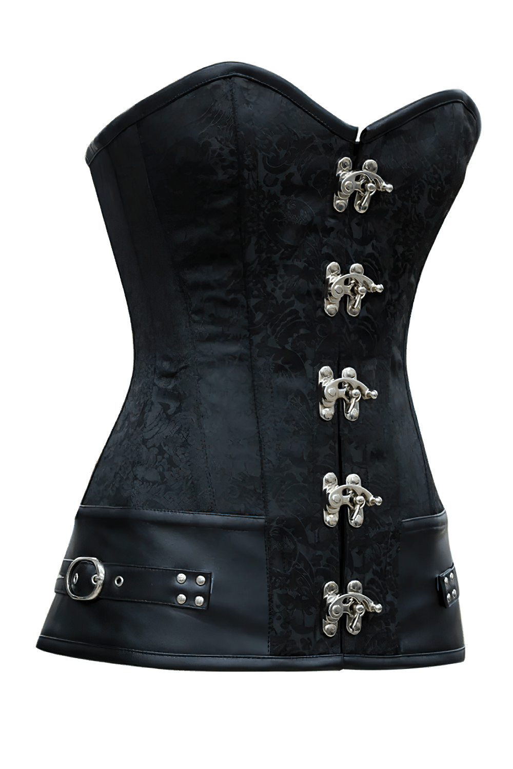 Black Gothic Overbust Corset with Ornate Clasps and Trim, black brocade steampunk waist cincher with silver clasps, side buckles