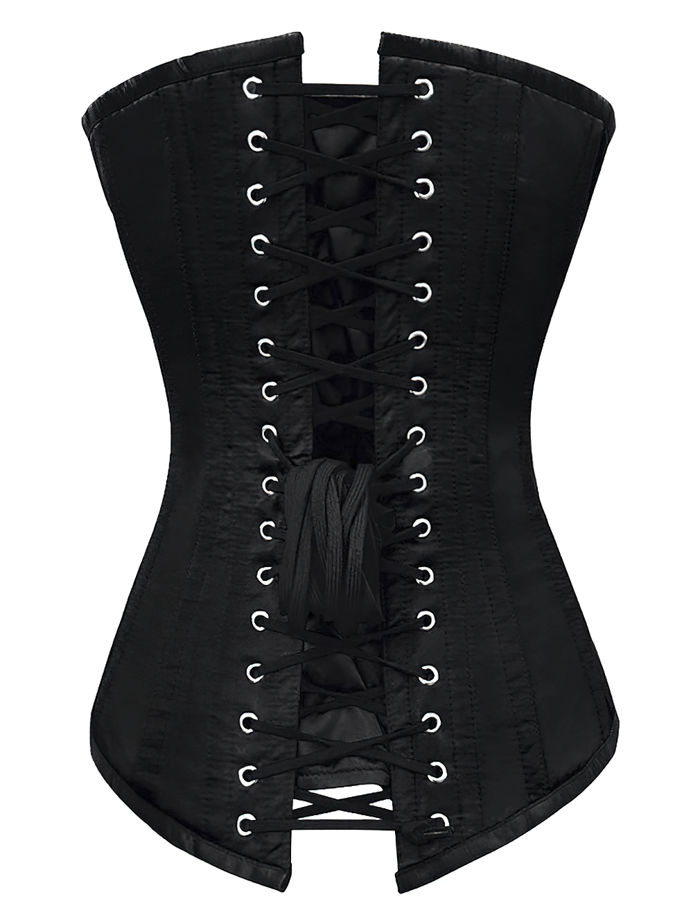 Black Gothic overbust corset featuring steel boning, satin finish, and intricate lacing for dramatic waist shaping.