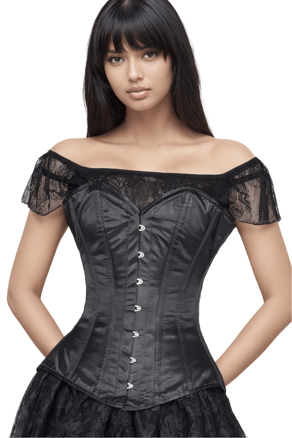 Black Gothic overbust corset featuring satin fabric, lace sleeves, and metal busk front for a dramatic vintage silhouette.