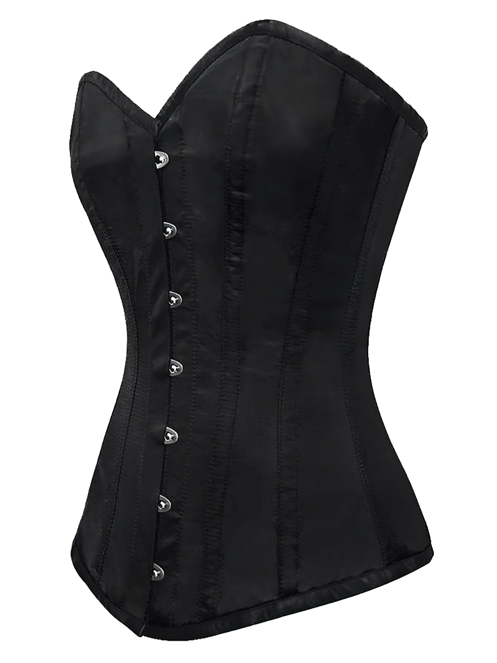 Elegant black gothic overbust corset with steel boning, designed for waist training and a dramatic silhouette.