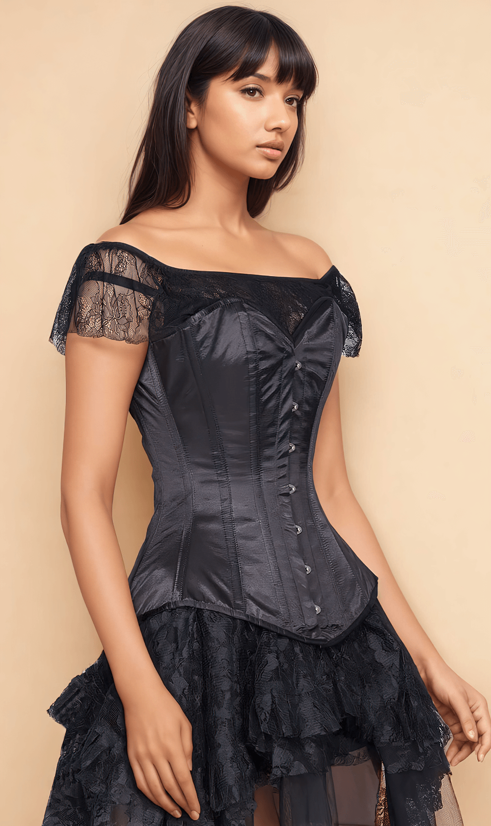 Black Gothic overbust corset with satin finish and lace sleeves, perfect for vintage waist training.