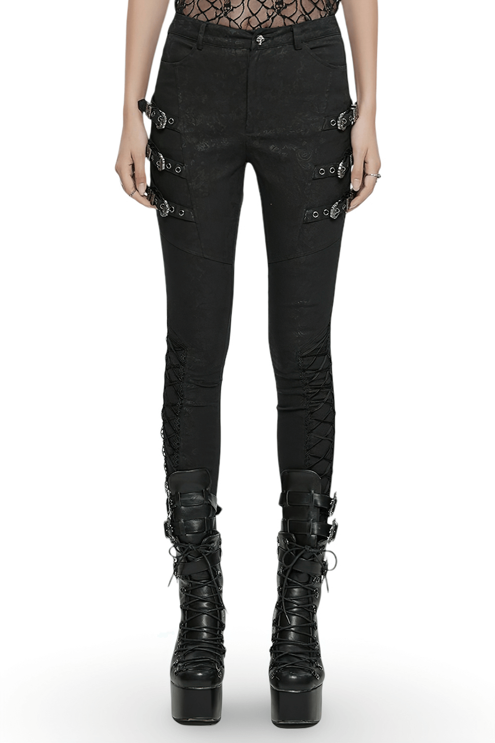 Black Gothic Pants with Buckle Straps and Lace Detailing