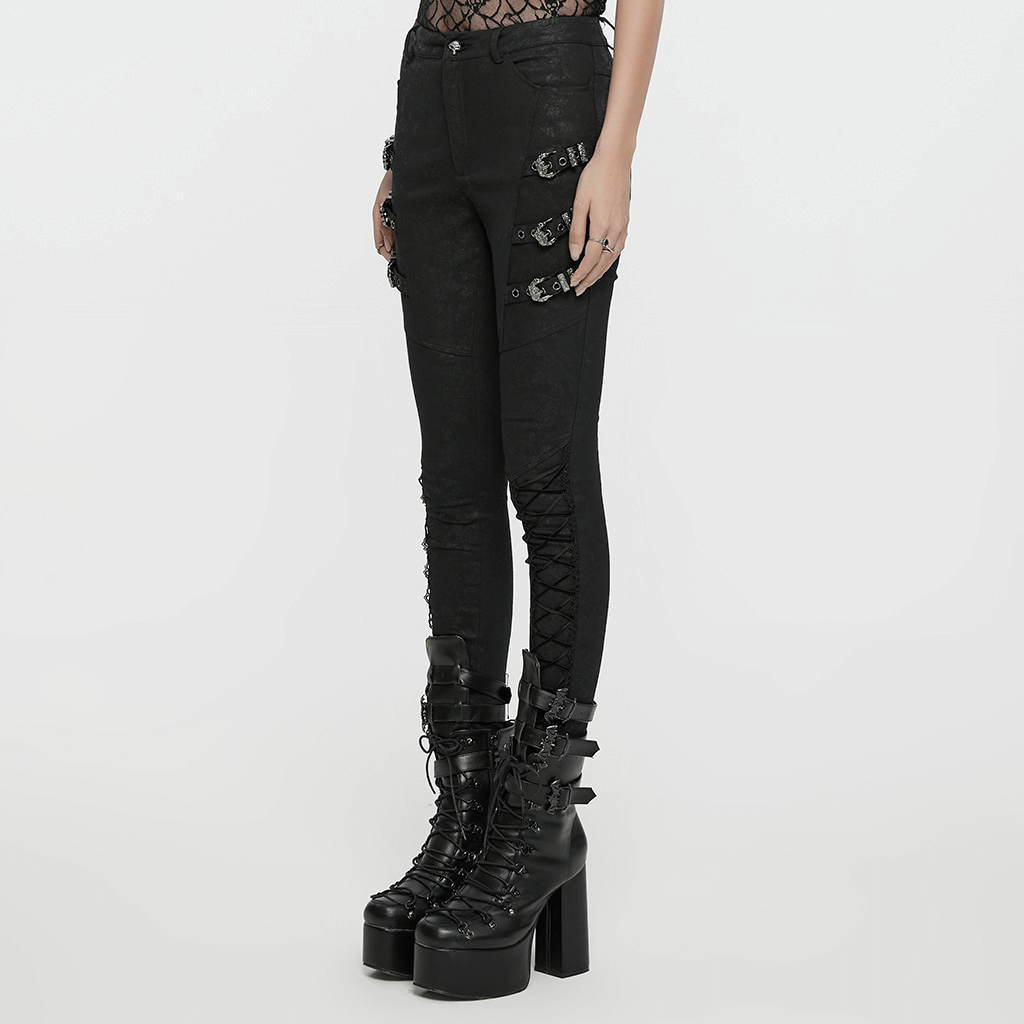 Black Gothic Pants with Buckle Straps and Lace Detailing