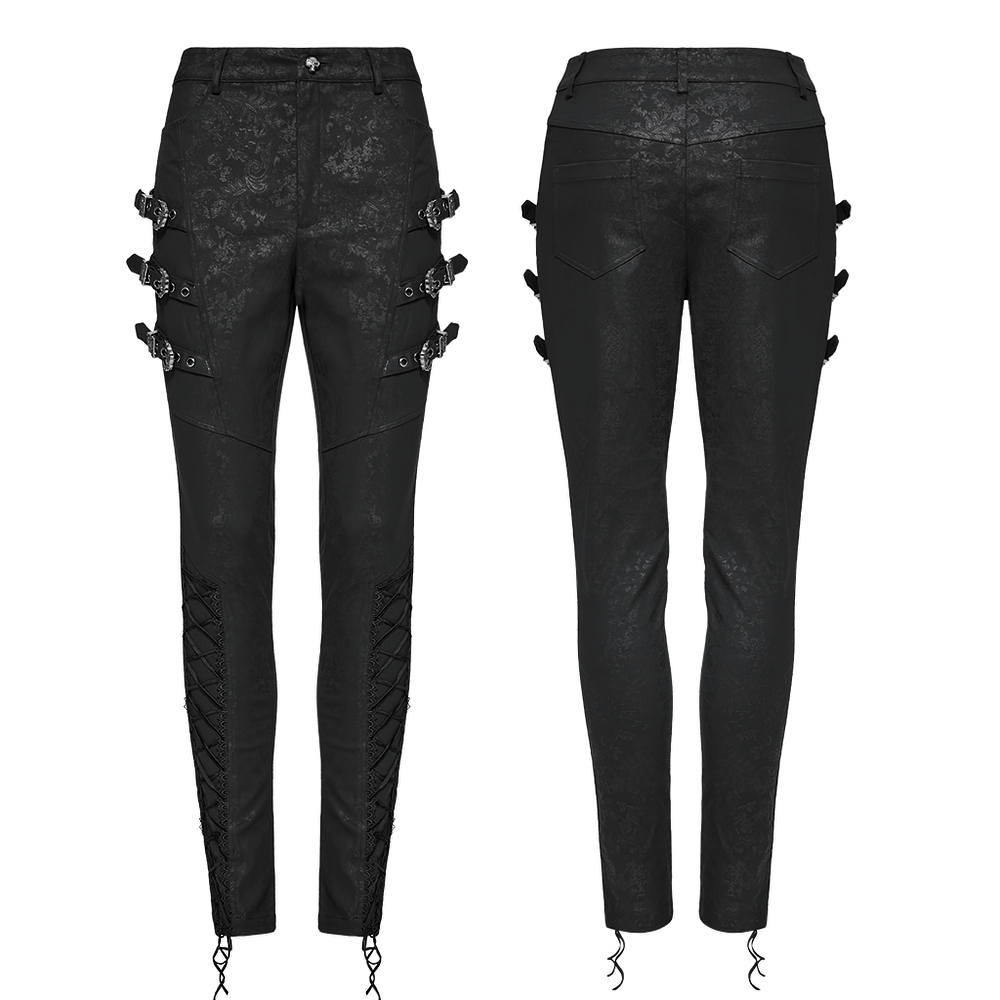 Schwarze Gothic-Hose mit Schnallenträgern und Spitzendetails