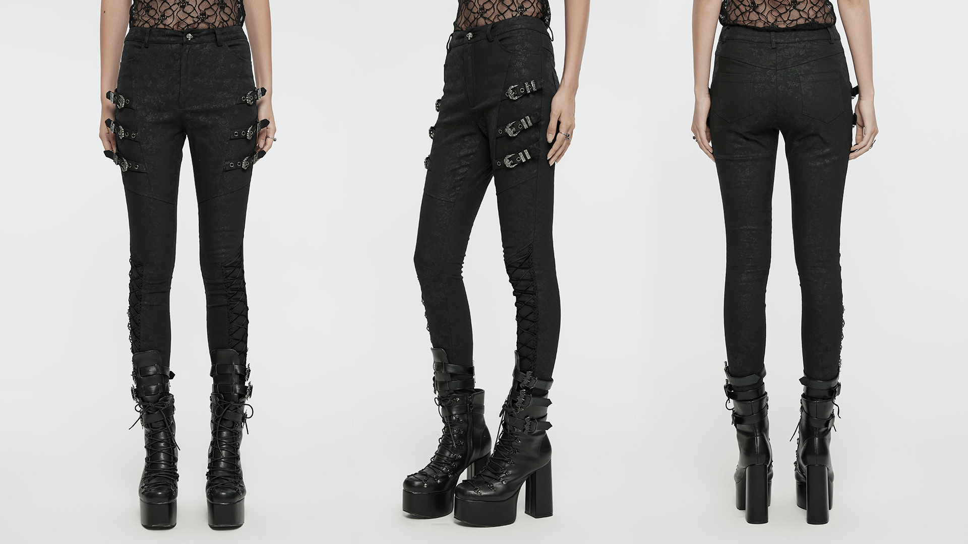 Black Gothic Pants with Buckle Straps and Lace Detailing