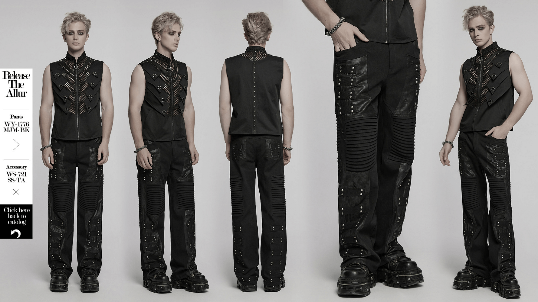 Black gothic pants with pleated panels and rivets, perfect for punk fashion enthusiasts.