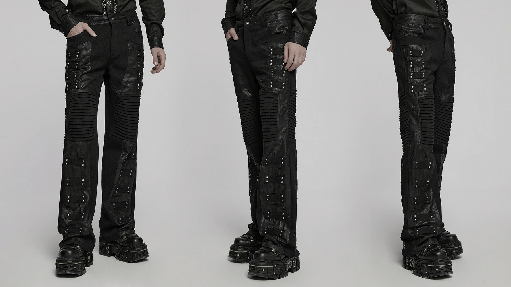 Black gothic pants with 3D pleated panels and rivets, perfect for punk street style fashion.
