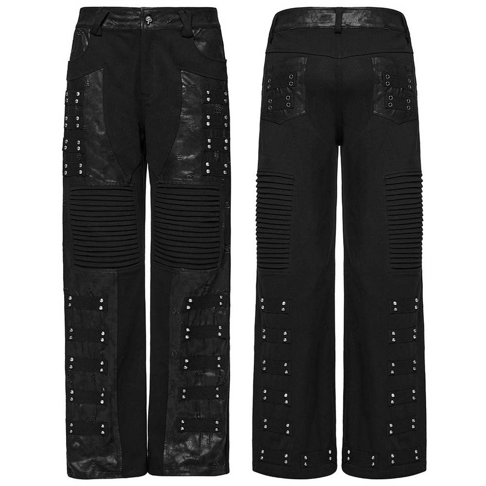 Black gothic pants with pleated panels and rivets, showcasing a punk-inspired design and unique industrial aesthetic.