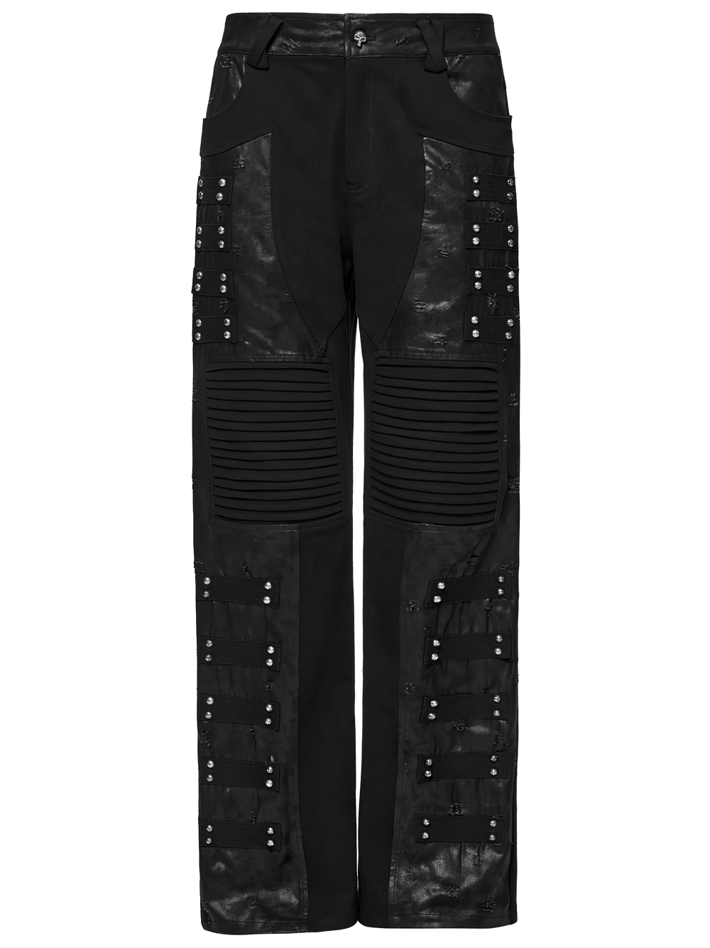 Black gothic pants with pleated panels and rivets, designed for a punk street style.