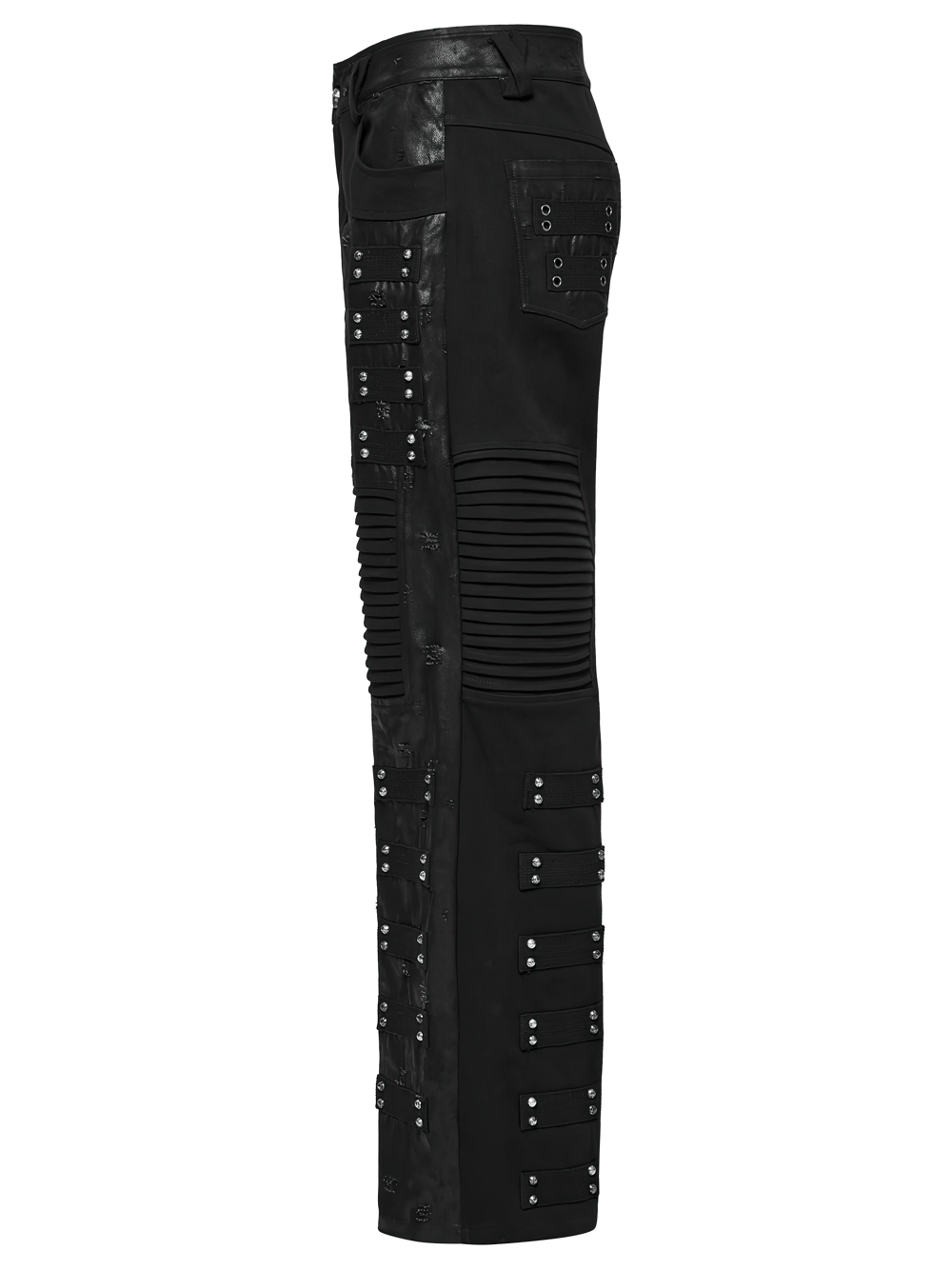 Black gothic pants with pleated panels and rivets, showcasing a punk street style for rebellious fashion.