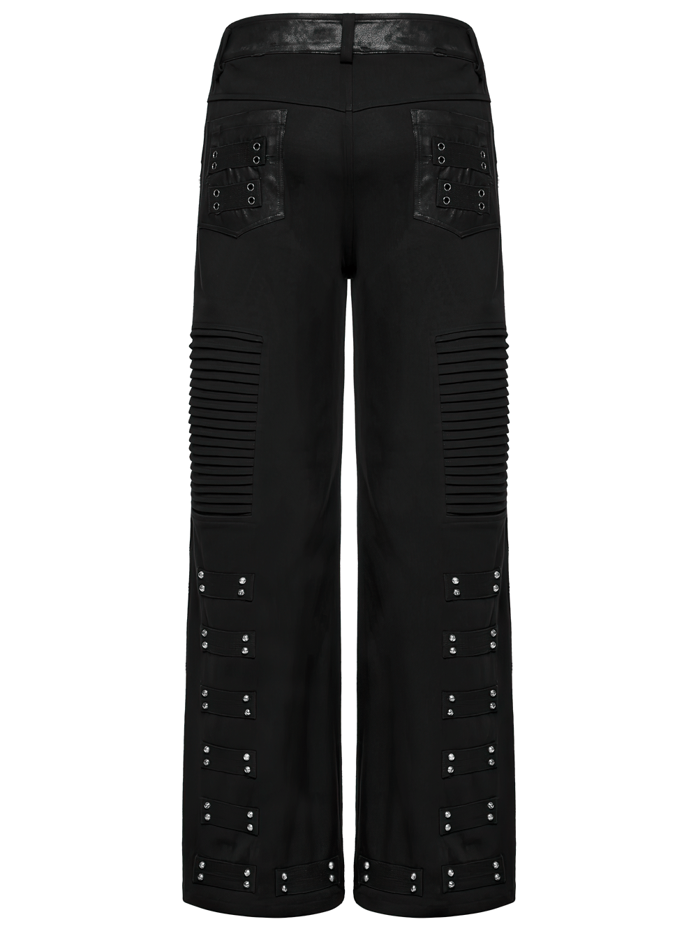 Black gothic pants with pleated panels and rivets, showcasing a bold punk streetwear style.
