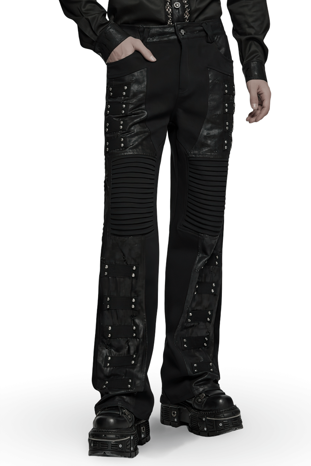 Black gothic punk pants with pleated panels and rivets, designed for a rebellious street style.