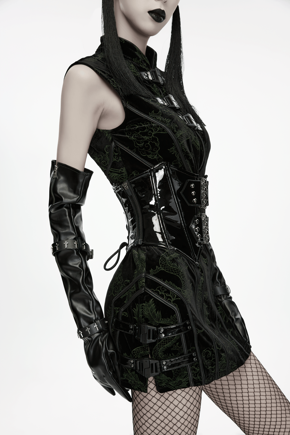Black Gothic Patent Corset Belt with Skull Buckles worn with lace-up gloves and fishnet tights for a bold punk look.