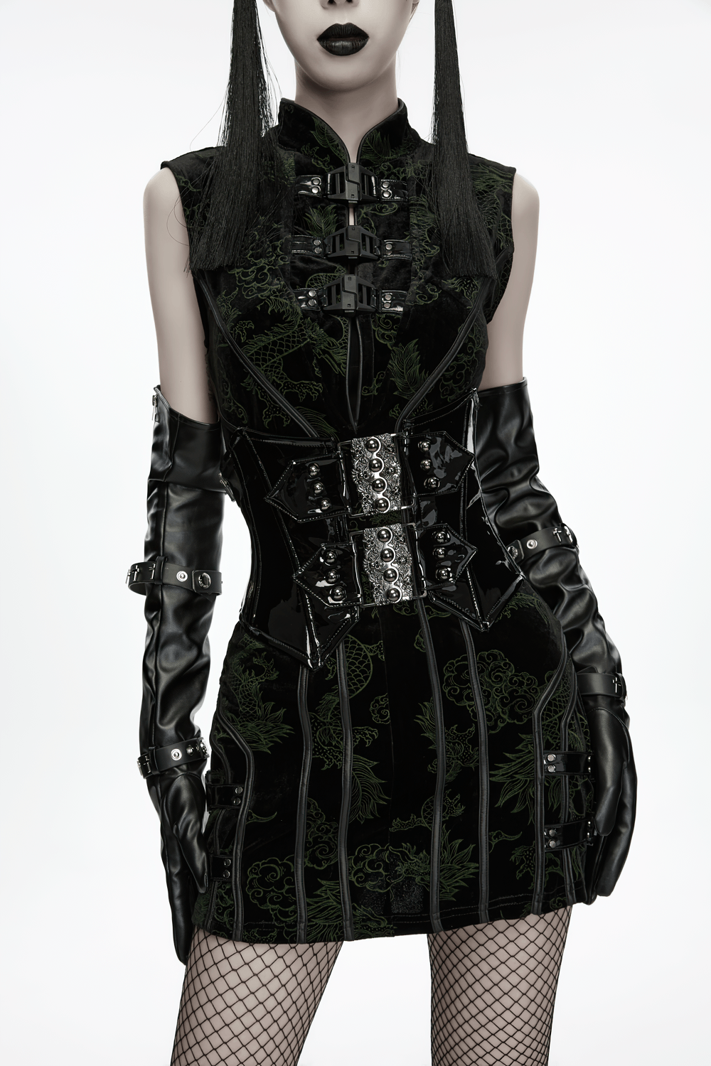 Black Gothic Patent Corset Belt with Skull Buckles showcased in a stylish punk outfit.