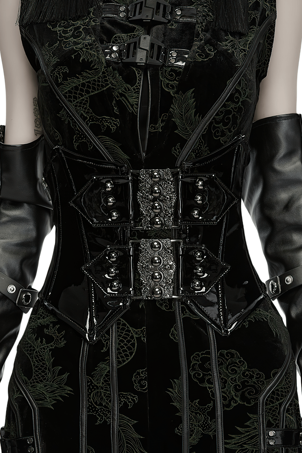 Black Gothic Patent Corset Belt with Skull Buckles featuring ornate metal buckles and a lace-up back design.