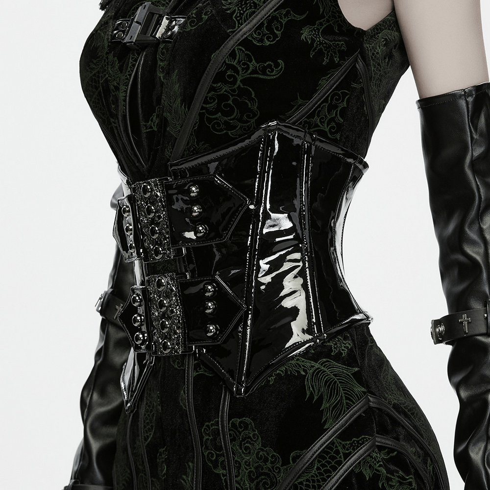 Black Gothic Patent Corset Belt with Skull Buckles shown on mannequin, featuring glossy patent leather and skull buckles.