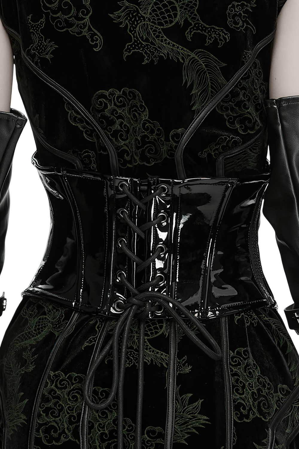Black Gothic Patent Corset Belt with Skull Buckles featuring lace-up back and glossy patent leather finish.
