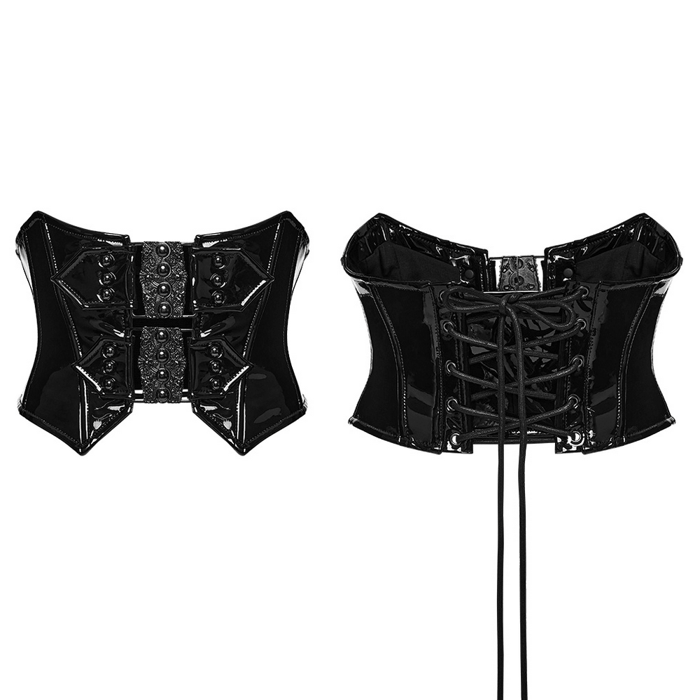 Black Gothic Patent Corset Belt with Skull Buckles featuring lace-up back and ornate skull details.