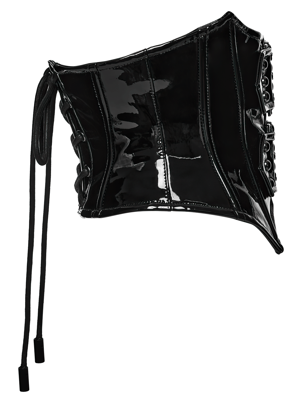 Black Gothic Patent Corset Belt with Skull Buckles featuring patent leather and lace-up back design.