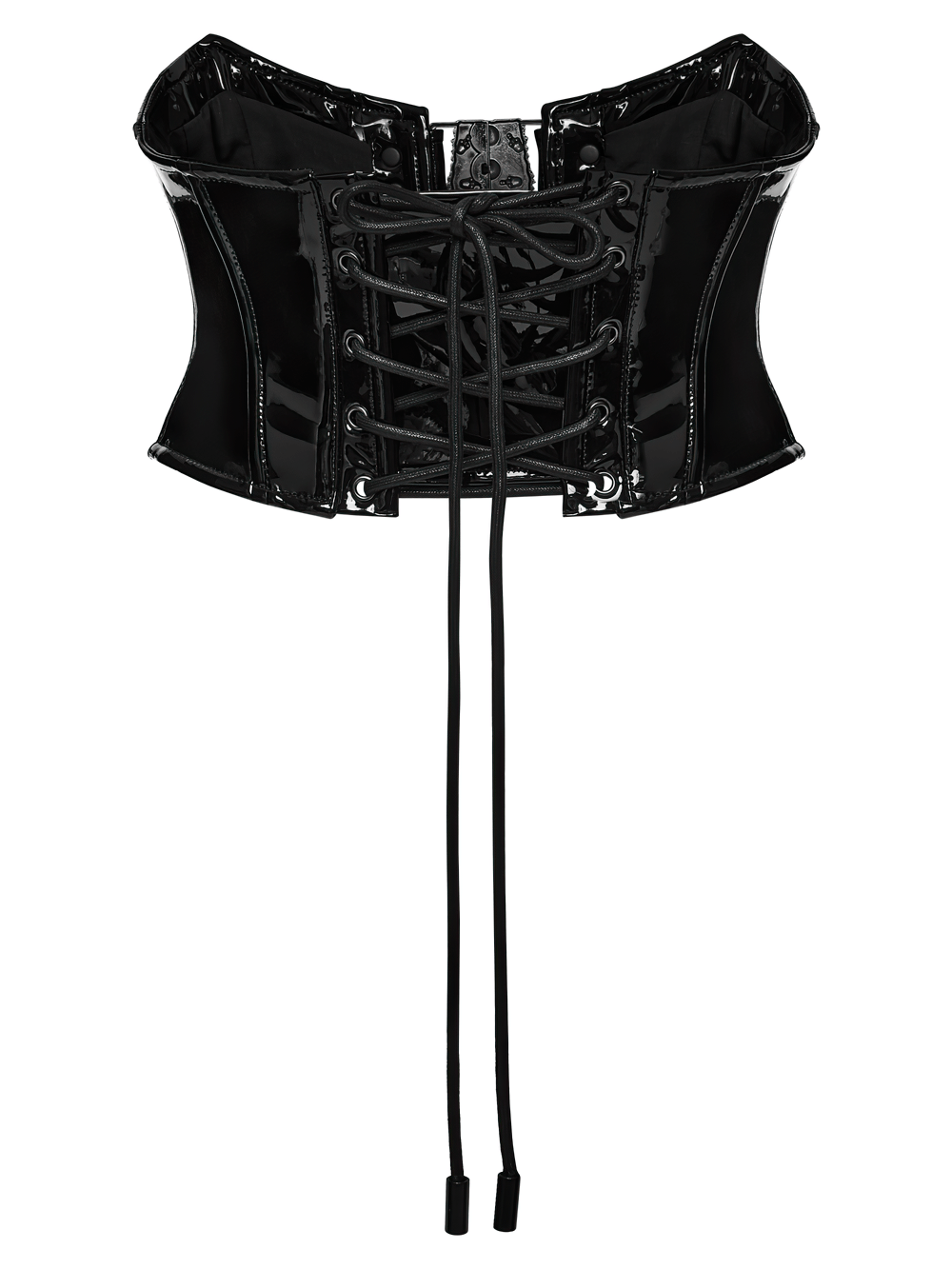 Black Gothic Patent Corset Belt with Skull Buckles featuring a lace-up back design in glossy patent leather.