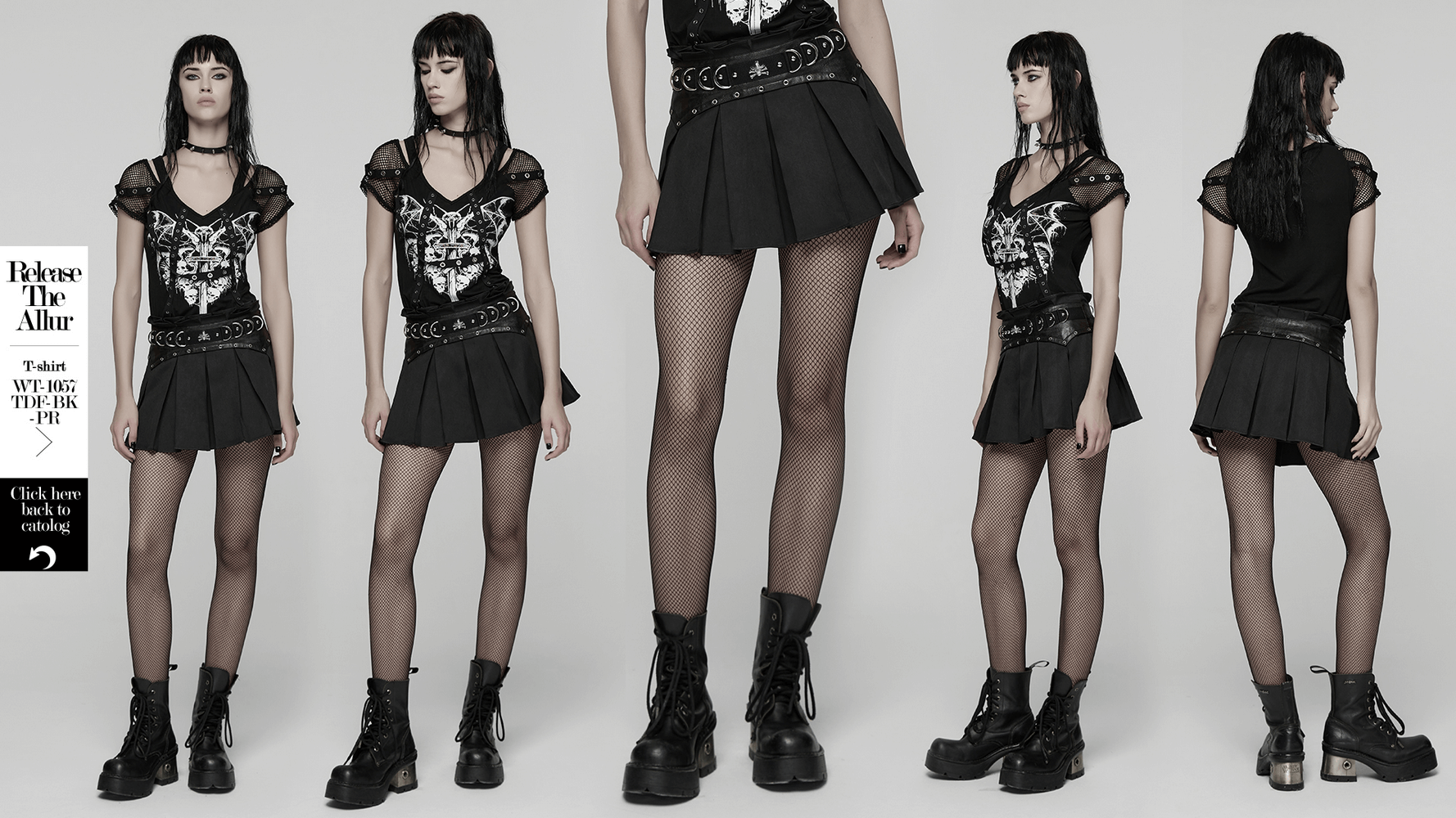 Black Gothic Pleated Mini Skirt with Metal Accents worn by model showcasing punk fashion style.