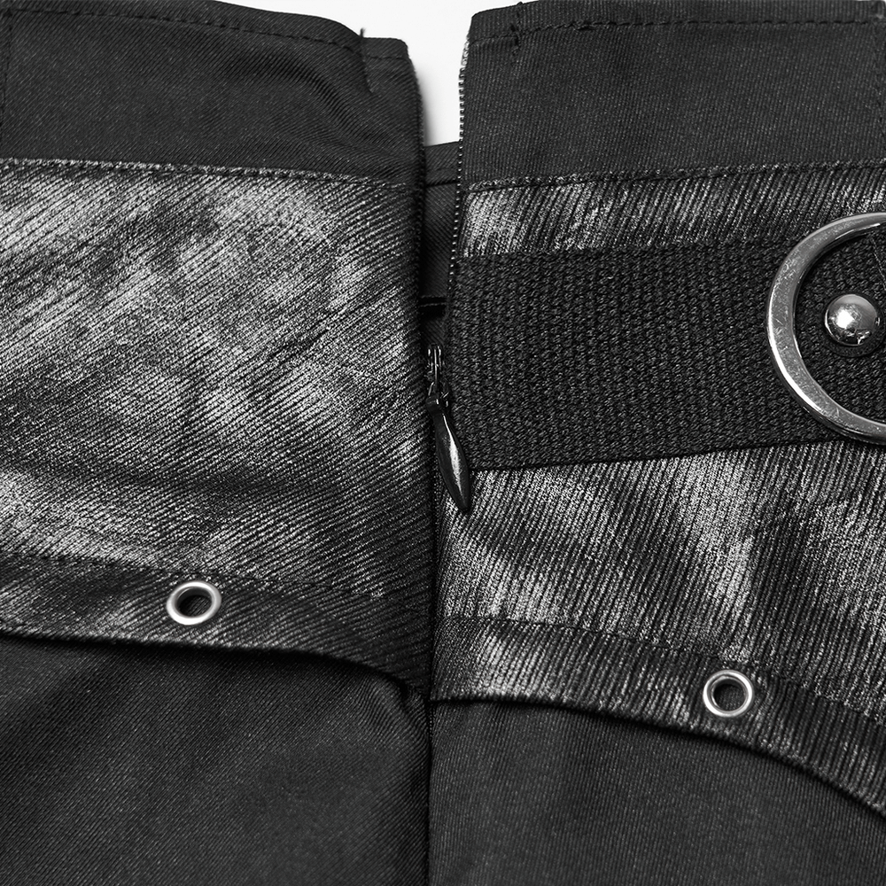 Black Gothic Pleated Mini Skirt with Metal Accents close-up showing metal details and invisible zipper