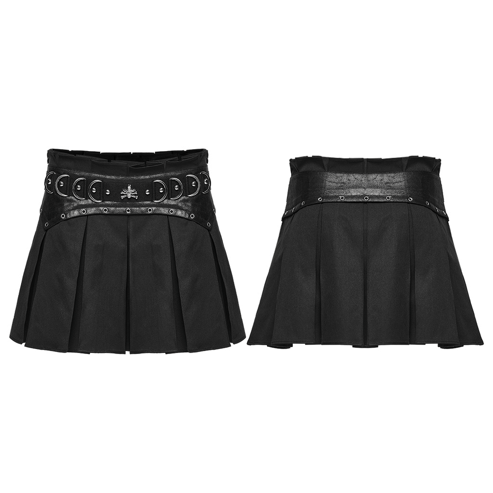 Black Gothic Pleated Mini Skirt with Metal Accents featuring a structured silhouette and rebellious details.
