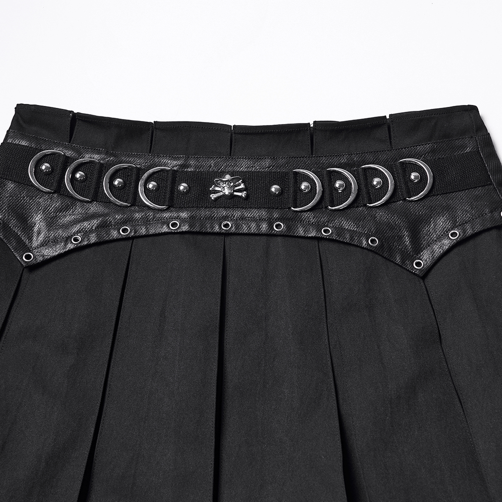 Black Gothic Pleated Mini Skirt with Metal Accents showcasing metal details and pleated design.