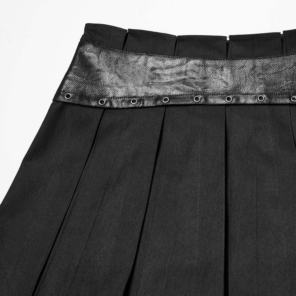 Black Gothic Pleated Mini Skirt with Metal Accents - close-up of pleats and metal details