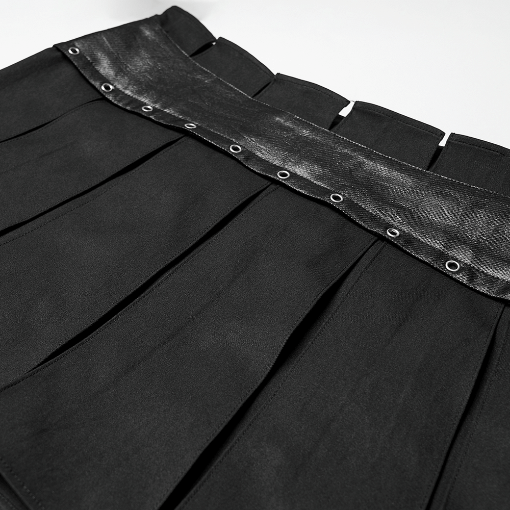 Black Gothic Pleated Mini Skirt with Metal Accents showcasing unique pleating and bold metal details.
