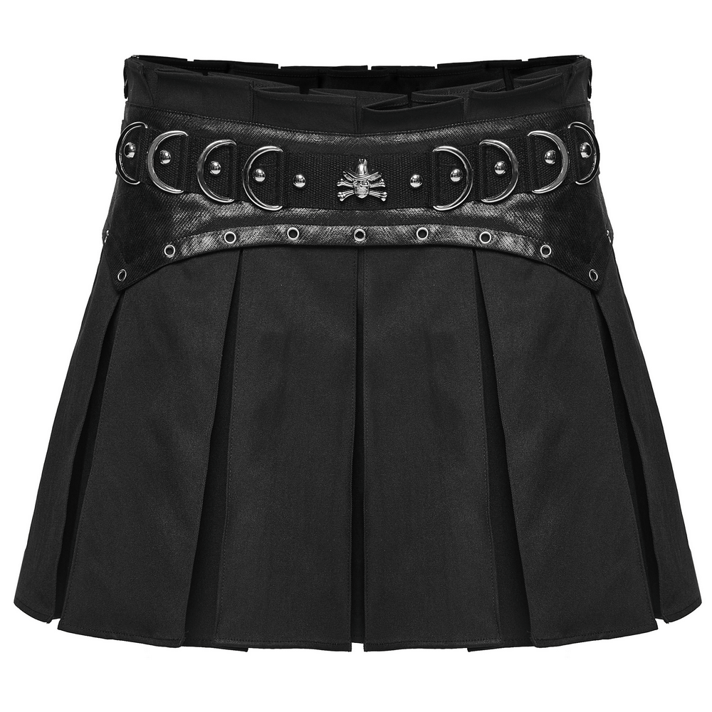 Black Gothic Pleated Mini Skirt with Metal Accents featuring a bold pleated design and edgy metal details.