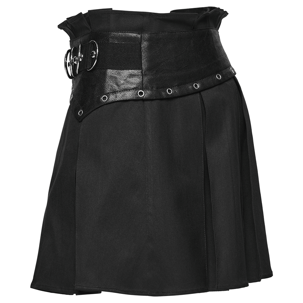 Black Gothic Pleated Mini Skirt with Metal Accents featuring unique design and bold metal ornaments.