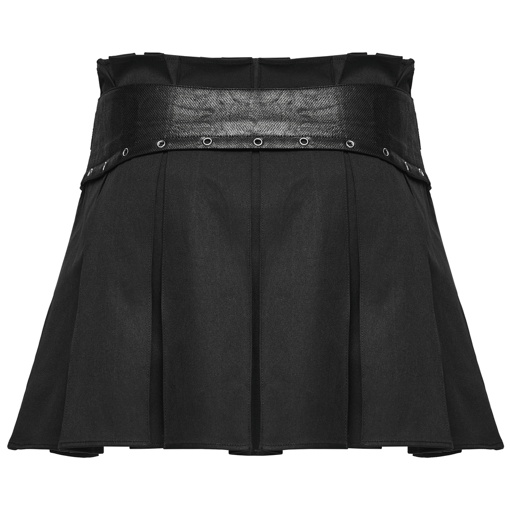 Black Gothic Pleated Mini Skirt with Metal Accents showcasing structured pleats and bold metal details.