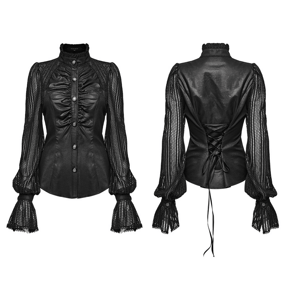 Elegant black gothic pleated shirt with mesh lantern sleeves and lace-up back showcasing unique style.