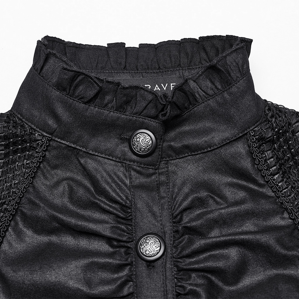 Close-up of the collar and buttons on a black Gothic pleated shirt with ruffled details.