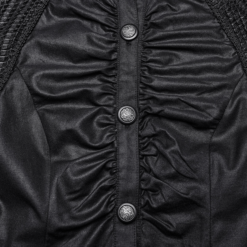 Close-up of Black Gothic Pleated Shirt featuring pleated front and stylish buttons, perfect for a bold, elegant look.