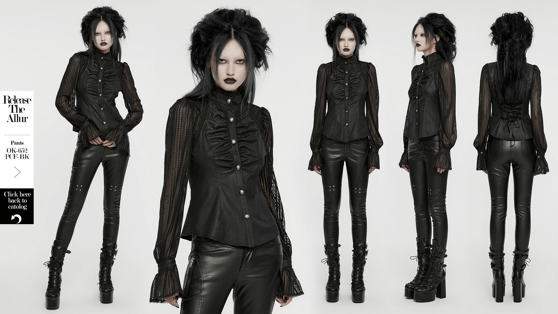 Black gothic pleated shirt with mesh lantern sleeves and lace-up back, showcasing elegant details and a unique style.