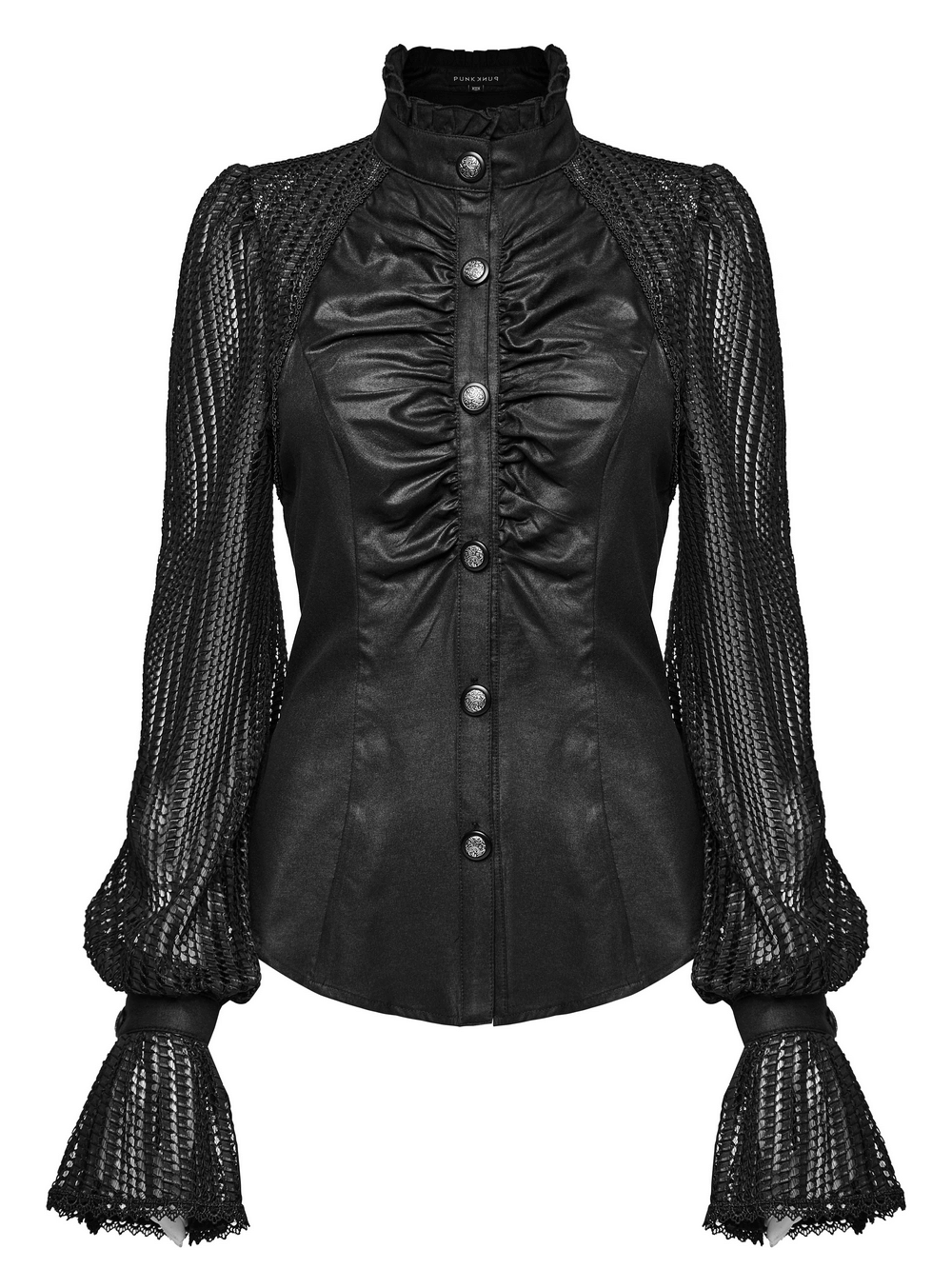 Black Gothic pleated shirt with mesh lantern sleeves and lace-up back for a bold, elegant look.