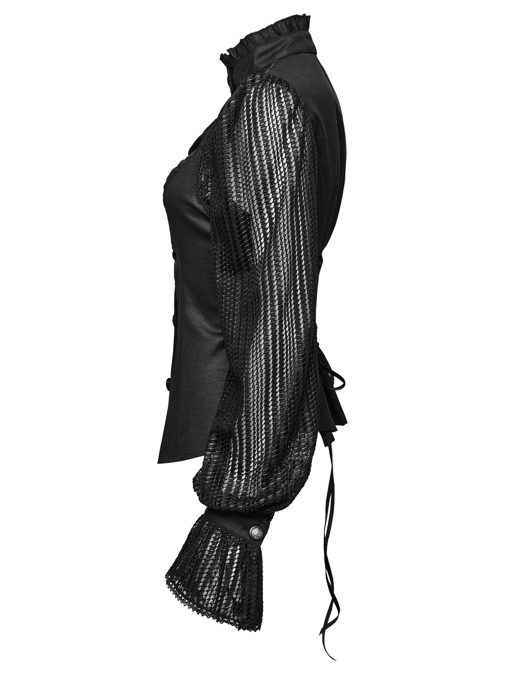 Black Gothic pleated shirt with mesh lantern sleeves and lace-up back, showcasing elegant gothic style.